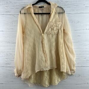 Ryu Peach Long Sleeve Lace Pocket Chiffon Blouse Size S